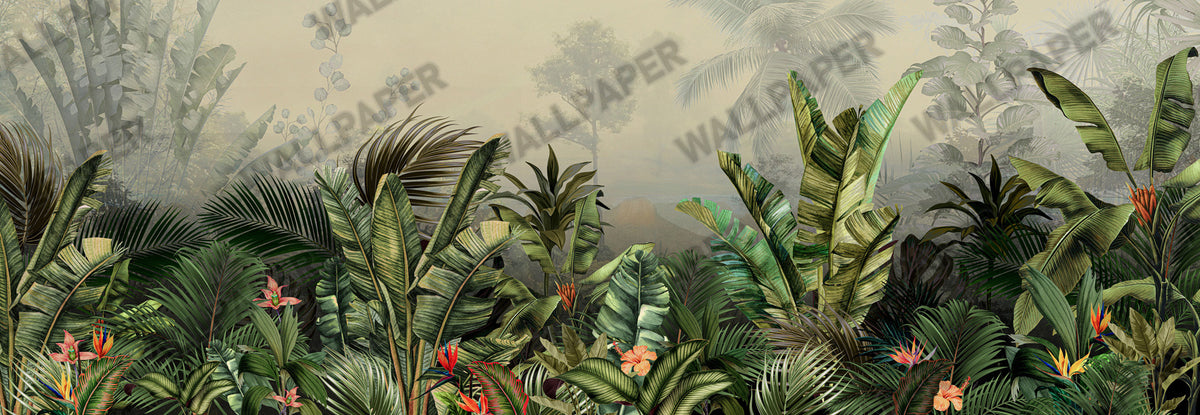 Banana Leaf Wallpaper : Misty Tropical Jungle Mural - View 2