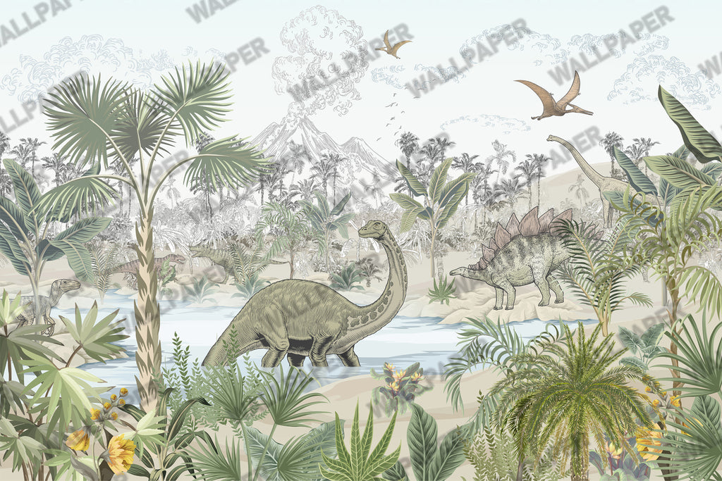 Dinosaur Wallpaper : Sketched Prehistoric Jungle Kids Mural - View 2