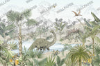 Dinosaur Wallpaper : Sketched Prehistoric Jungle Kids Mural - View 2