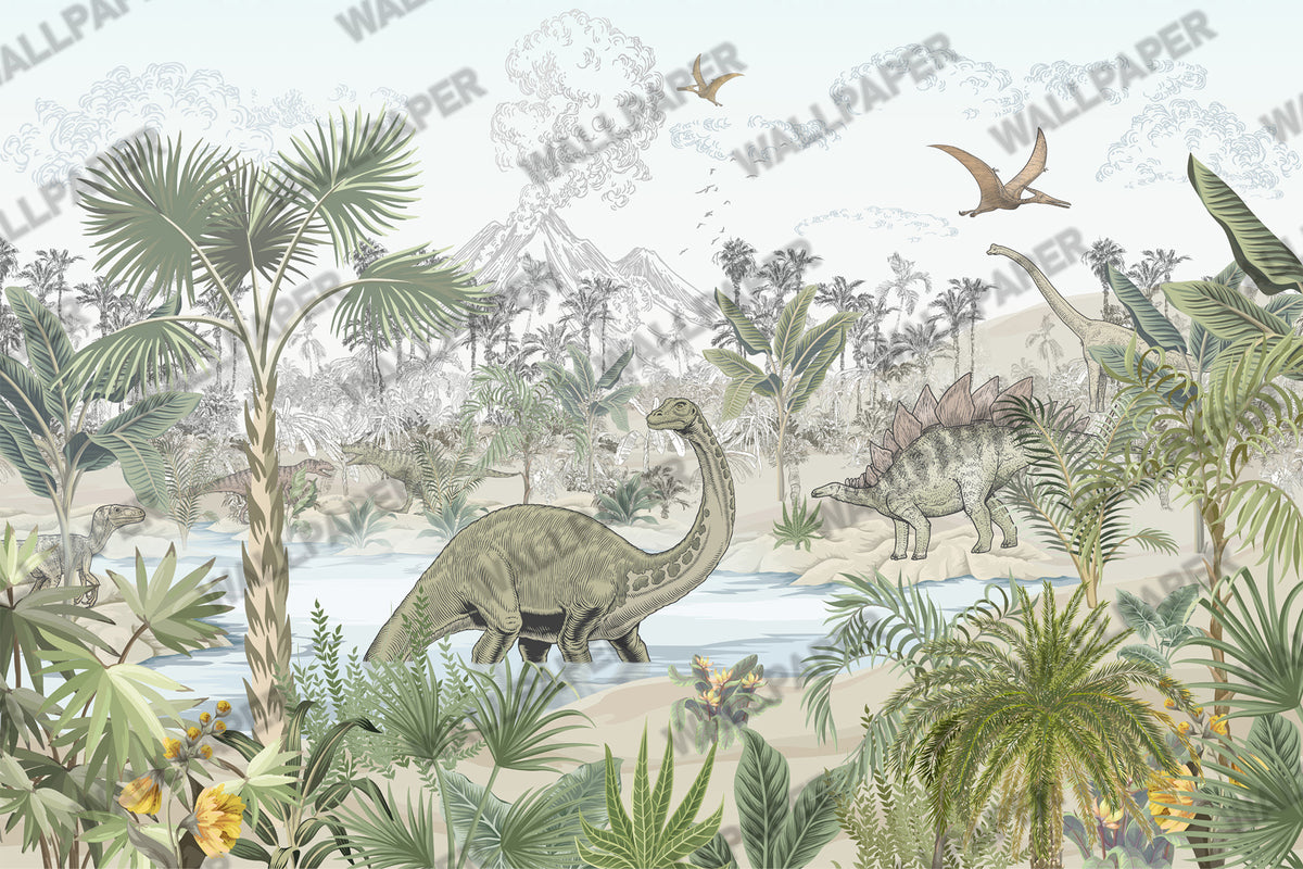 Dinosaur Wallpaper : Sketched Prehistoric Jungle Kids Mural - View 2