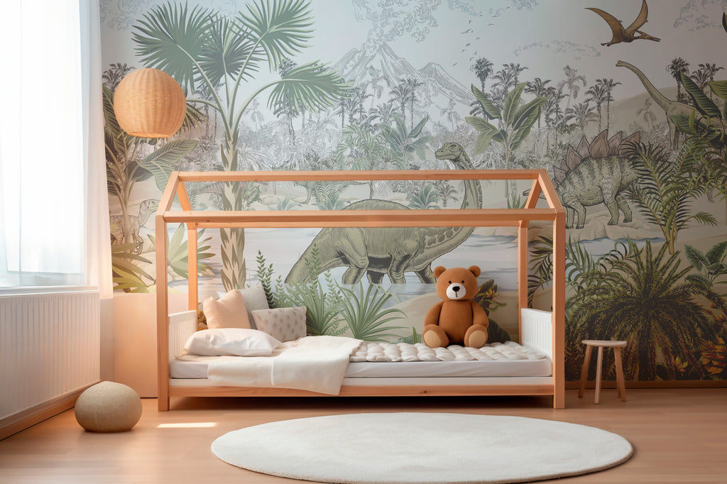 Dinosaur Wallpaper : Sketched Prehistoric Jungle Kids Mural - View 5