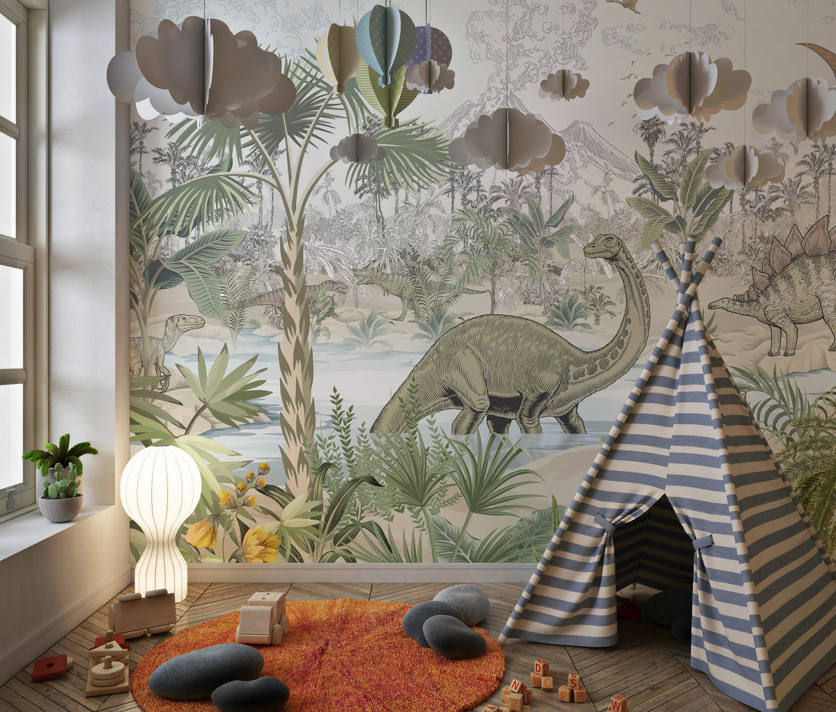 Dinosaur Wallpaper : Sketched Prehistoric Jungle Kids Mural - View 3