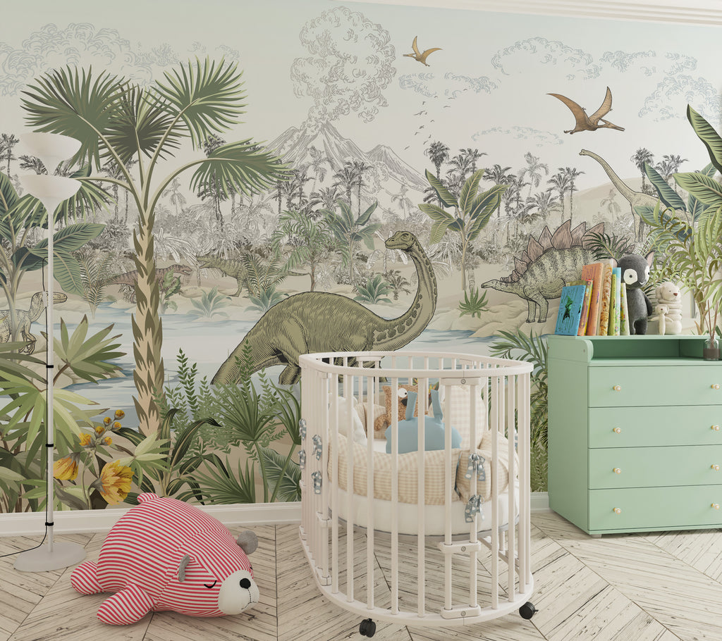 Dinosaur Wallpaper : Sketched Prehistoric Jungle Kids Mural - View 4