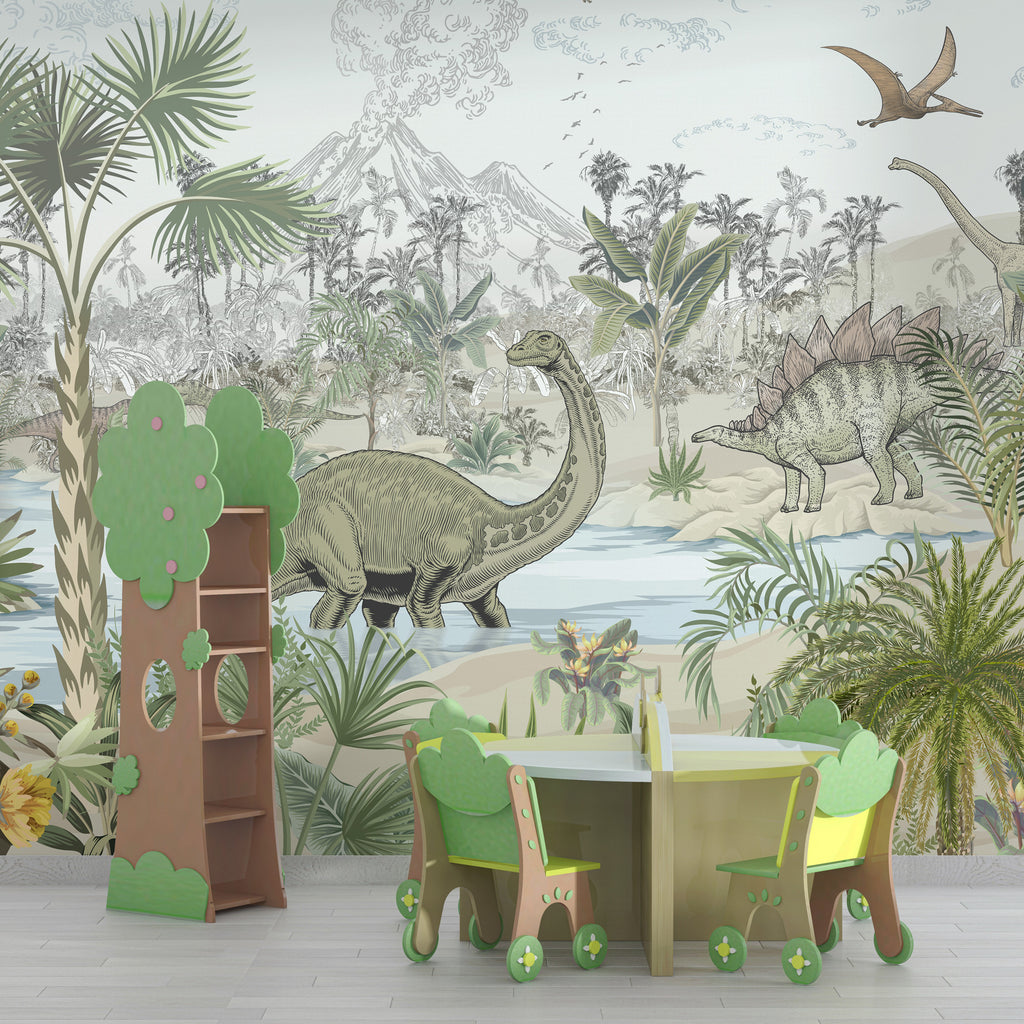 Dinosaur Wallpaper : Sketched Prehistoric Jungle Kids Mural