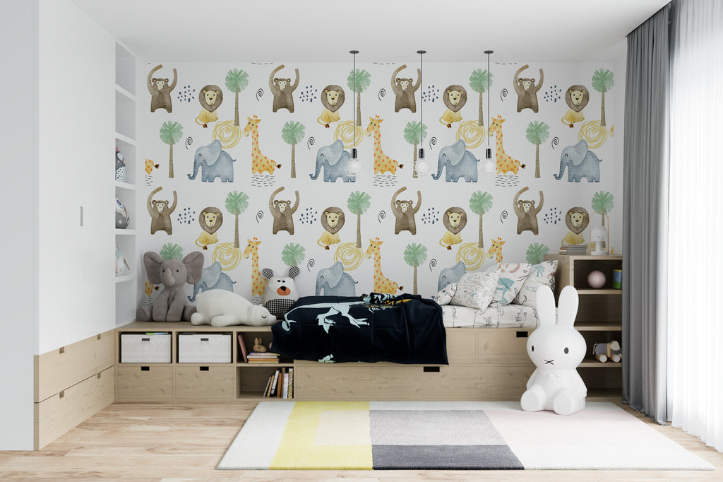 Minimalist Safari Wallpaper : Lion Elephant Giraffe Kids Pattern - View 3