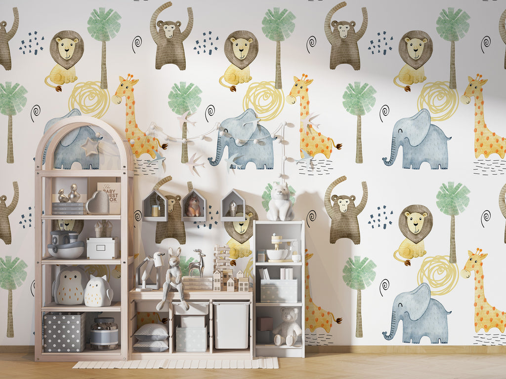 Minimalist Safari Wallpaper : Lion Elephant Giraffe Kids Pattern - View 4