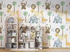 Minimalist Safari Wallpaper : Lion Elephant Giraffe Kids Pattern - View 4