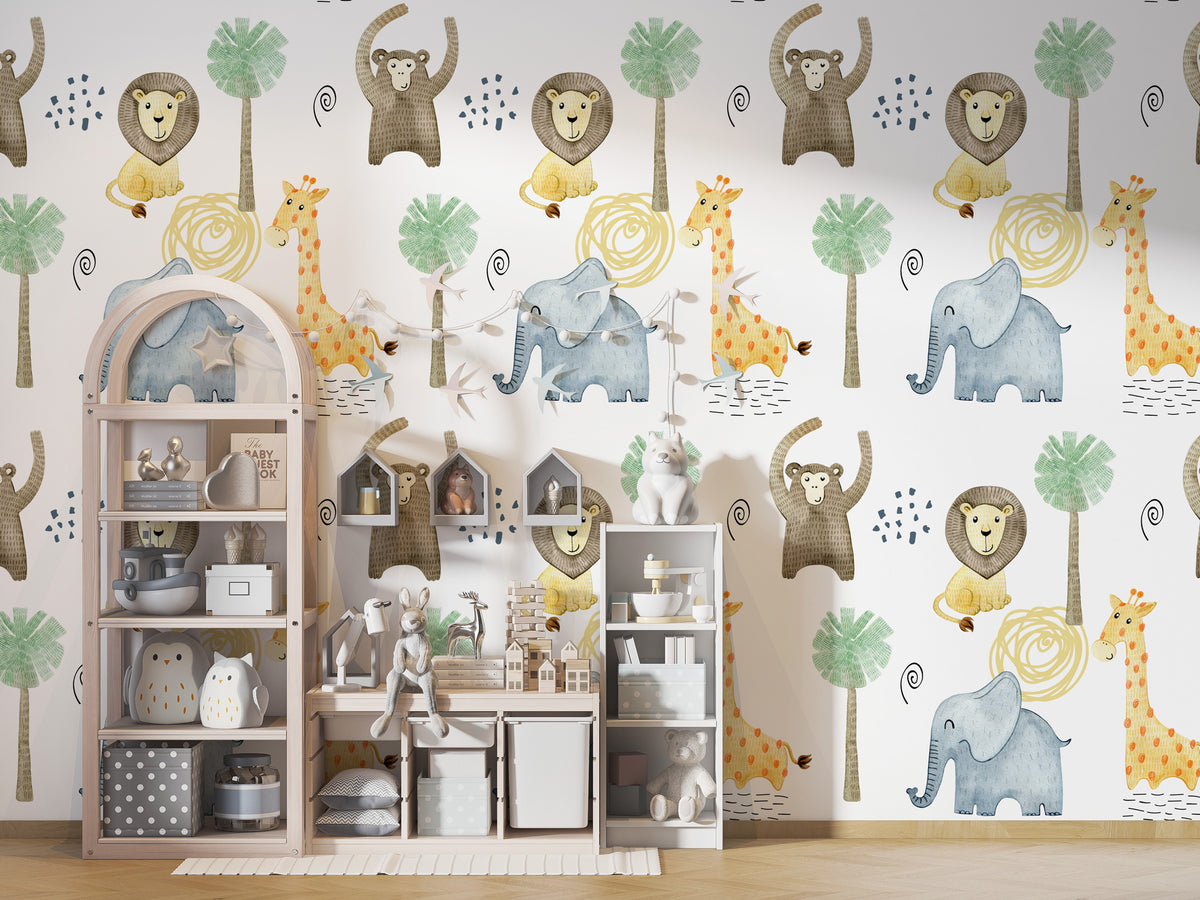 Minimalist Safari Wallpaper : Lion Elephant Giraffe Kids Pattern - View 4