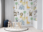 Minimalist Safari Wallpaper : Lion Elephant Giraffe Kids Pattern