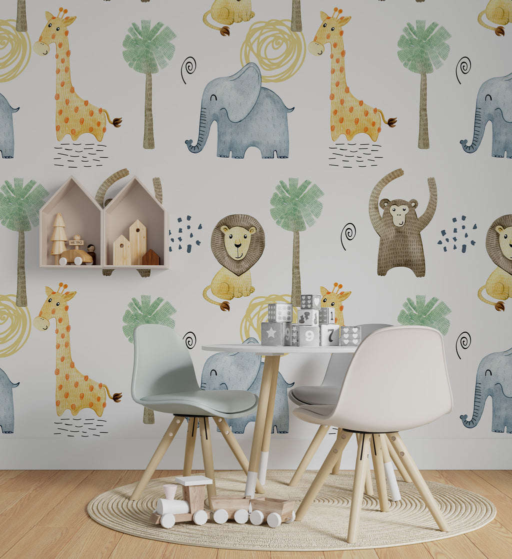 Minimalist Safari Wallpaper : Lion Elephant Giraffe Kids Pattern - View 5