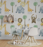 Minimalist Safari Wallpaper : Lion Elephant Giraffe Kids Pattern - View 5