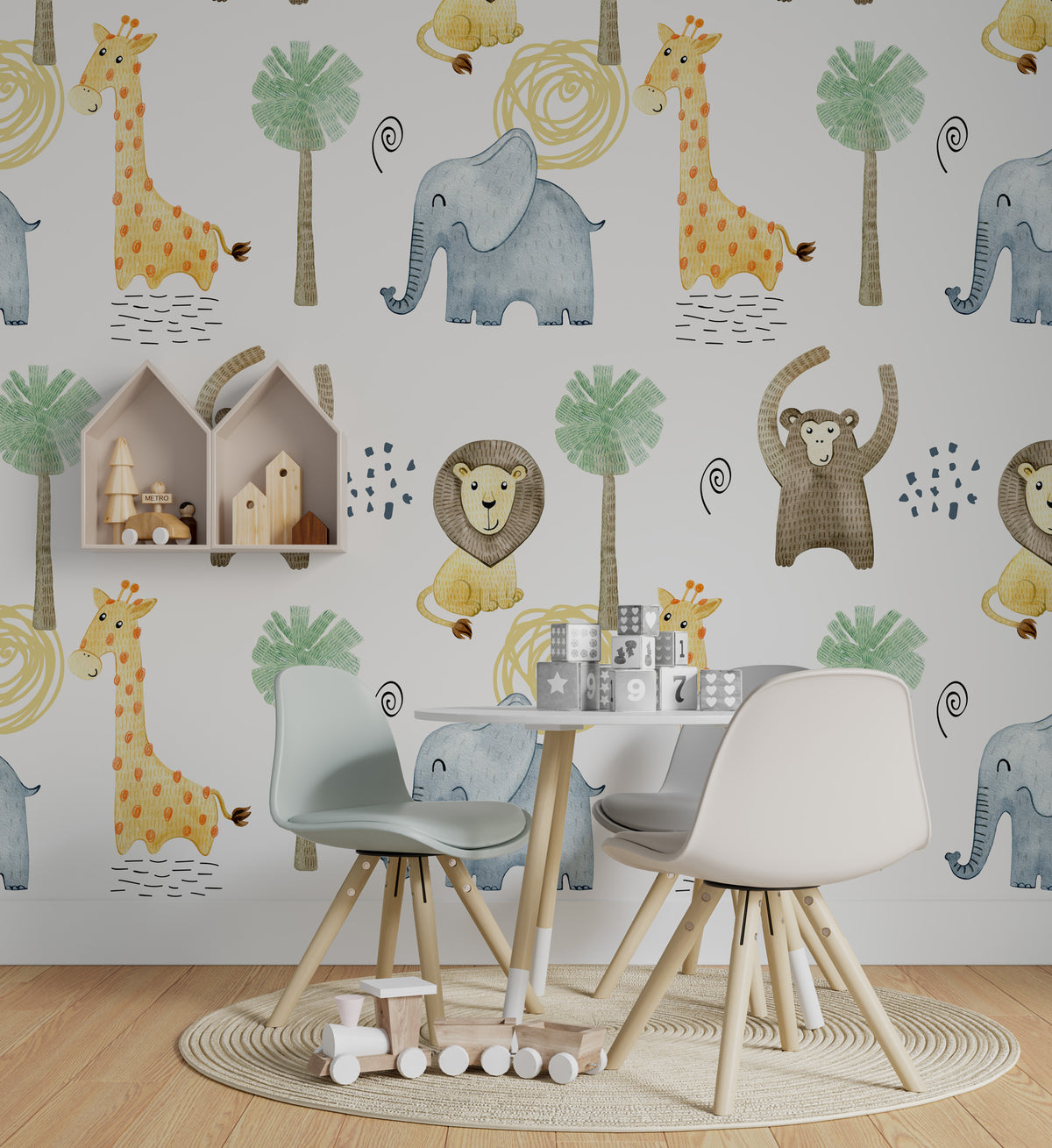 Minimalist Safari Wallpaper : Lion Elephant Giraffe Kids Pattern - View 5