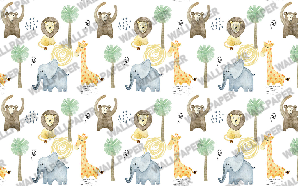 Minimalist Safari Wallpaper : Lion Elephant Giraffe Kids Pattern - View 2