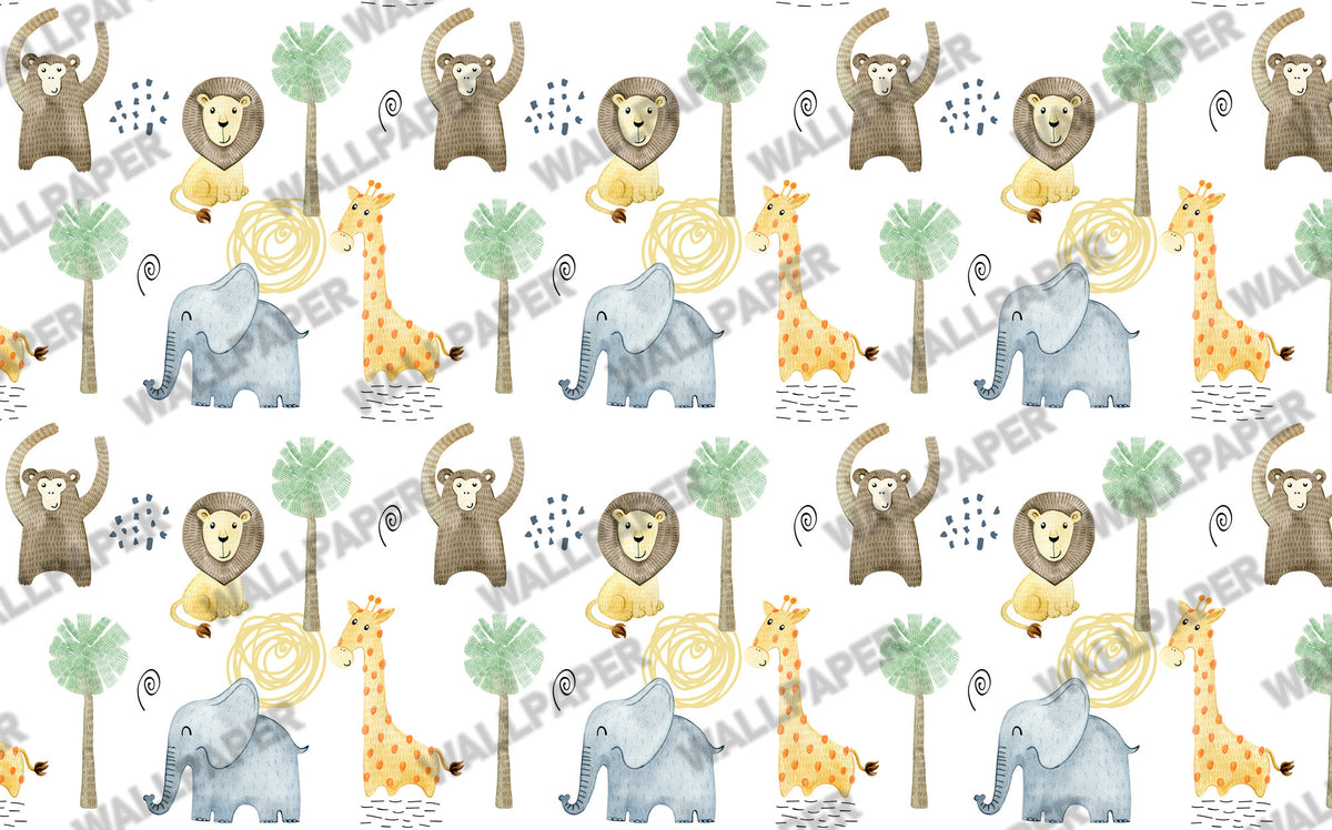 Minimalist Safari Wallpaper : Lion Elephant Giraffe Kids Pattern - View 2