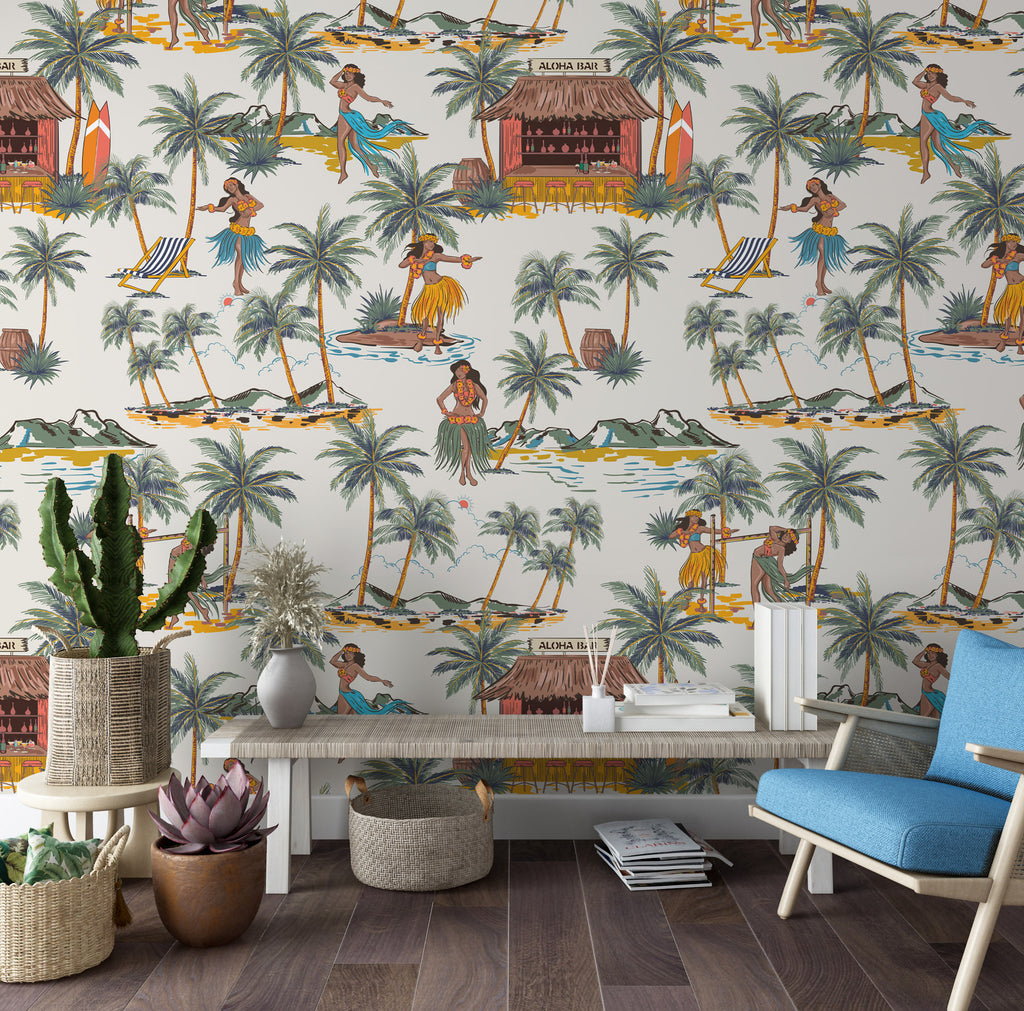 Hawaiian Hula Wallpaper : Retro Dancers and Palms Pattern - View 4