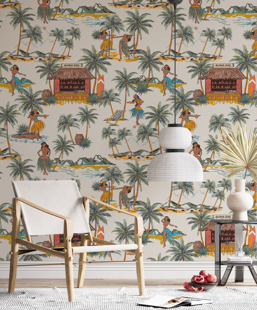 Hawaiian Hula Wallpaper : Retro Dancers and Palms Pattern - View 5