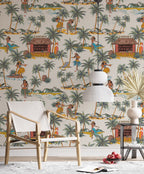 Hawaiian Hula Wallpaper : Retro Dancers and Palms Pattern - View 5
