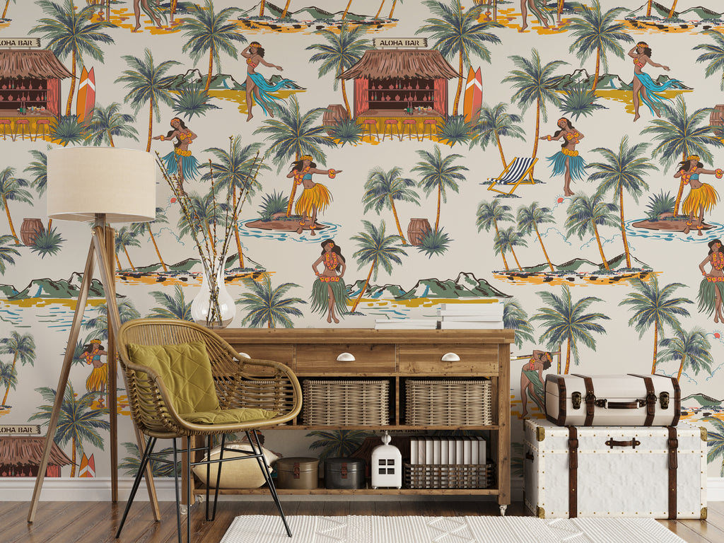 Hawaiian Hula Wallpaper : Retro Dancers and Palms Pattern - View 6