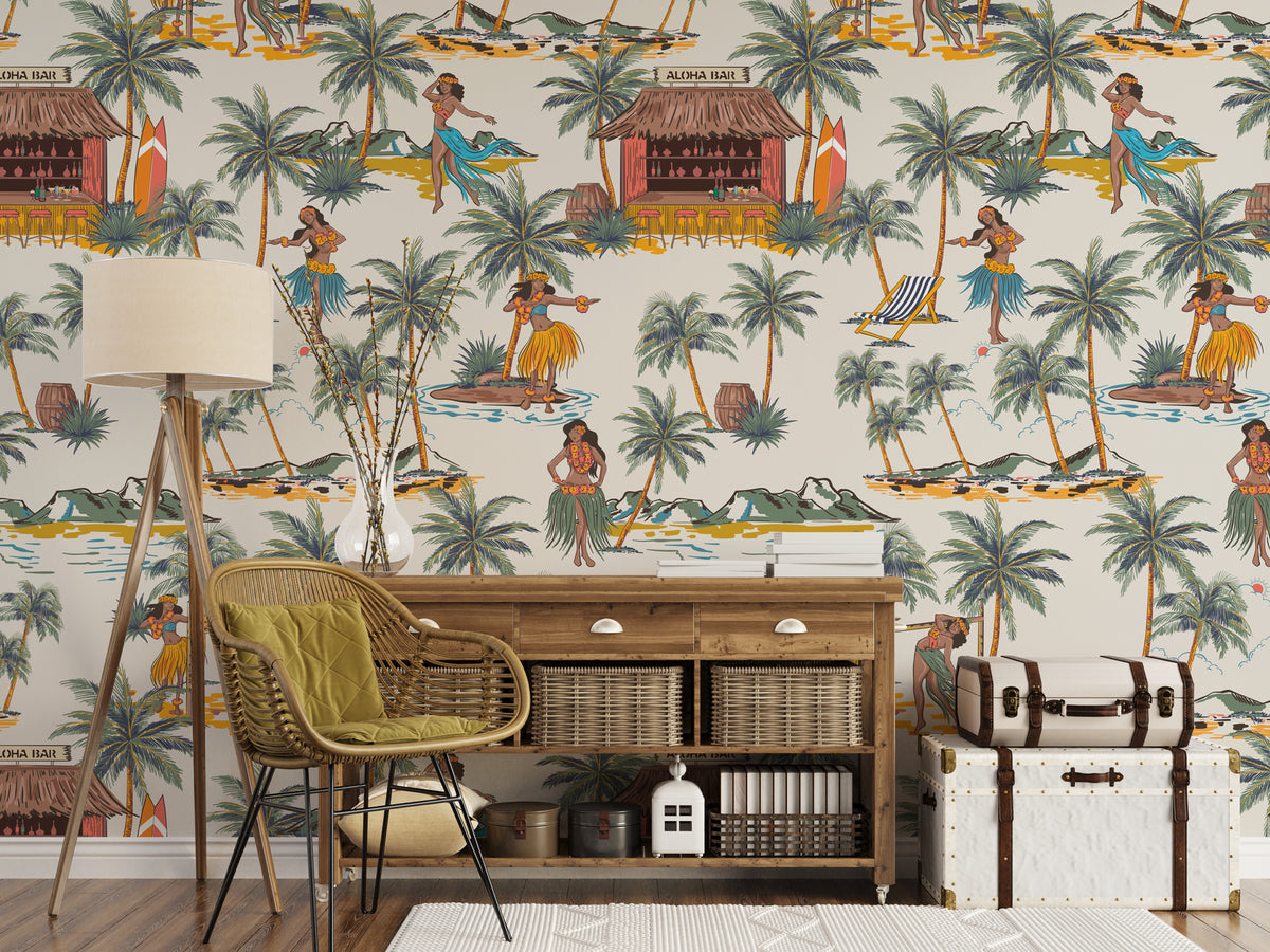 Hawaiian Hula Wallpaper : Retro Dancers and Palms Pattern - View 6