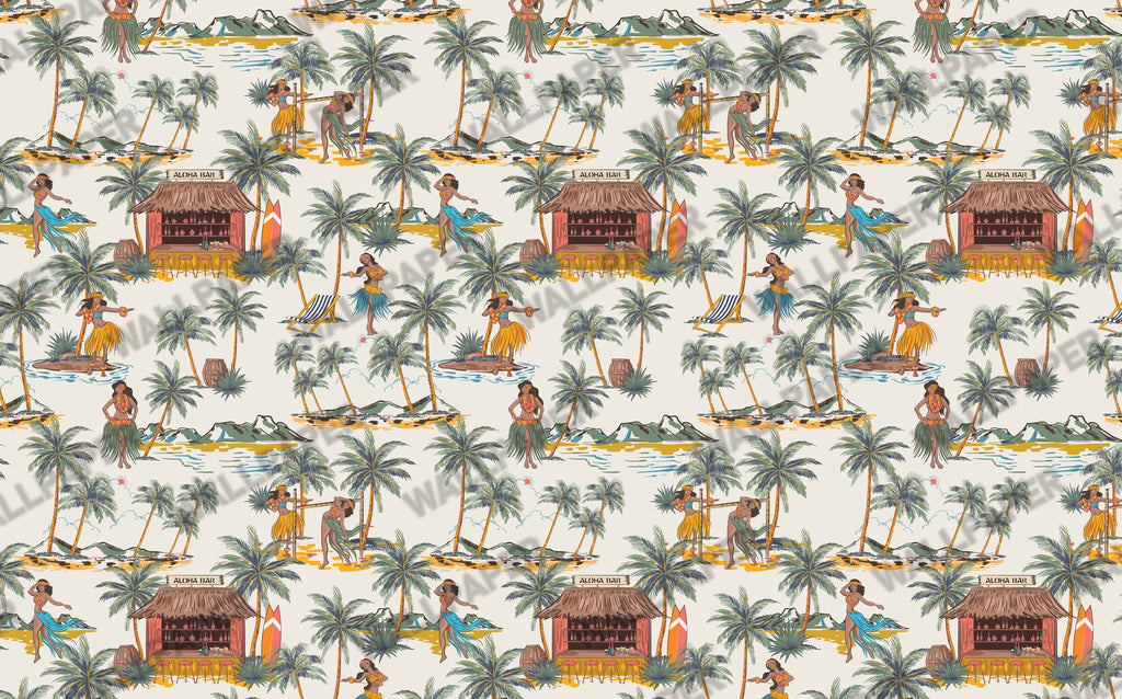 Hawaiian Hula Wallpaper : Retro Dancers and Palms Pattern - View 2
