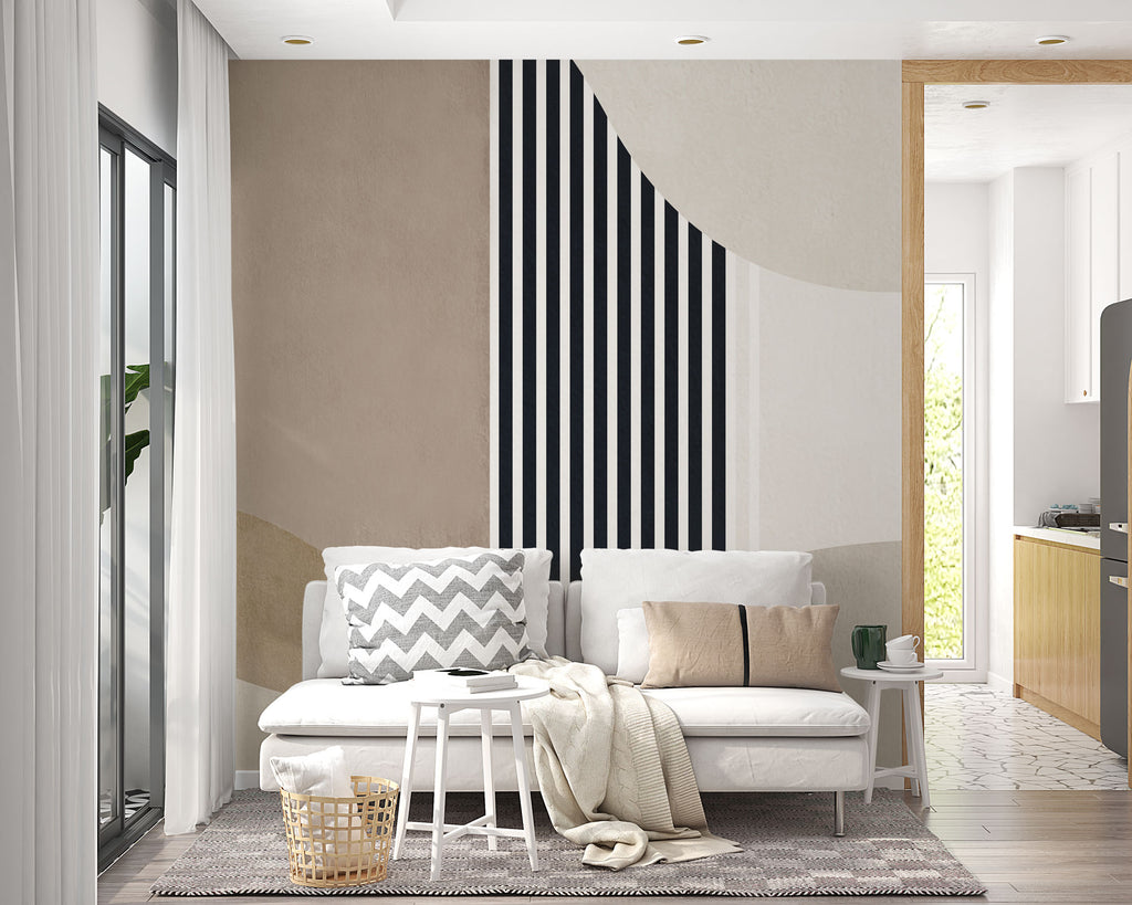 Beige Stripe Wallpaper : Black and White Geometric Mural - View 6