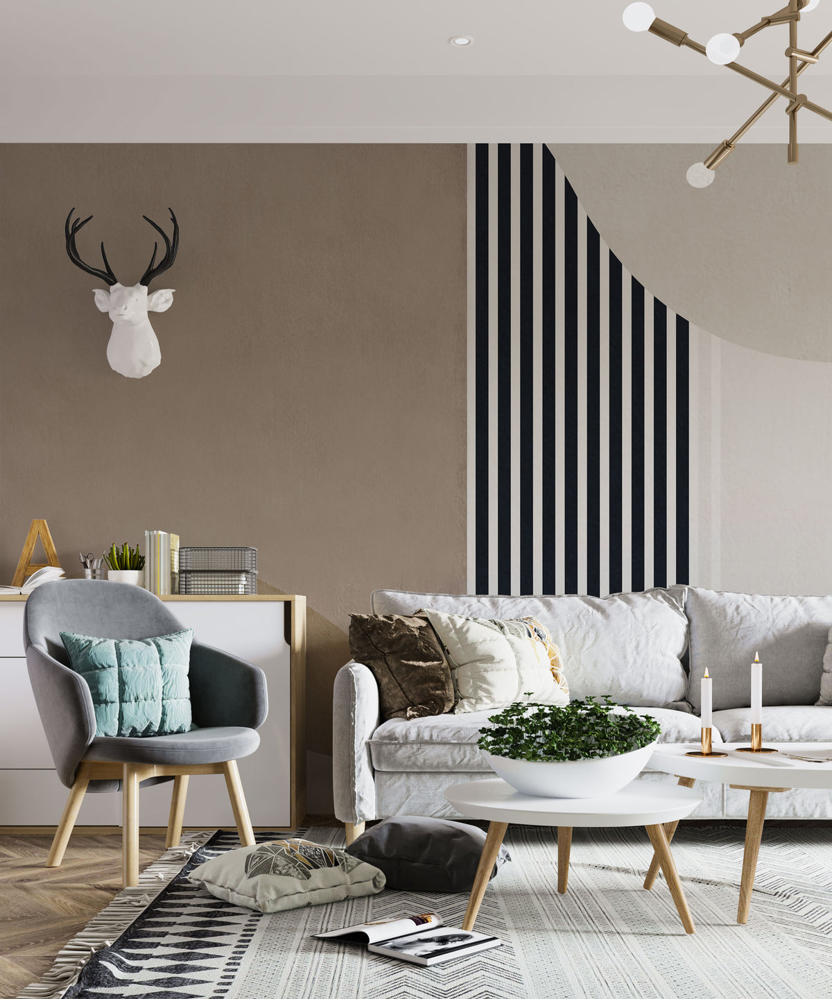 Beige Stripe Wallpaper : Black and White Geometric Mural - View 4