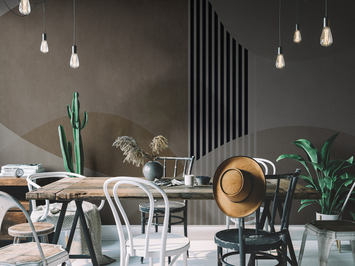 Beige Stripe Wallpaper : Black and White Geometric Mural - View 3