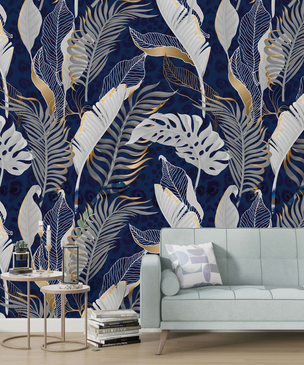 Navy Gold Tropical Wallpaper : White Leaves Line Art Mural - View 3