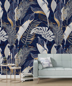Navy Gold Tropical Wallpaper : White Leaves Line Art Mural - View 3