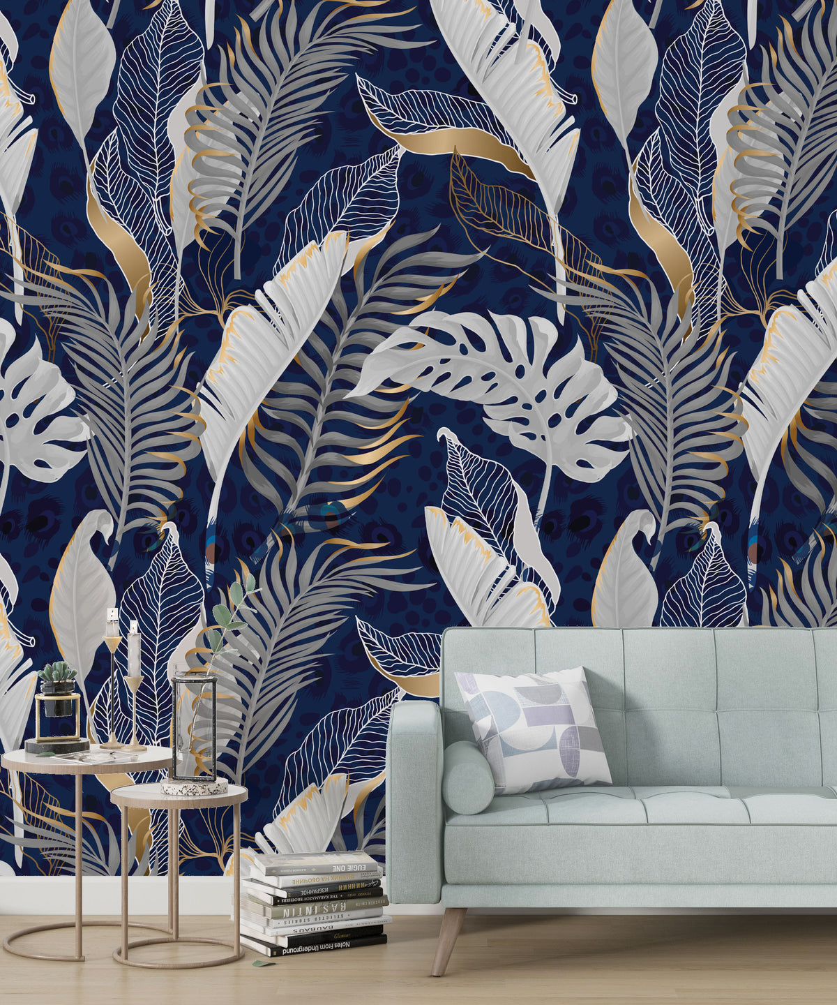 Navy Gold Tropical Wallpaper : White Leaves Line Art Mural - View 3