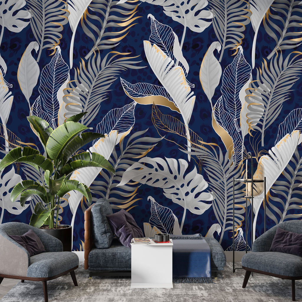 Navy Gold Tropical Wallpaper : White Leaves Line Art Mural - View 4