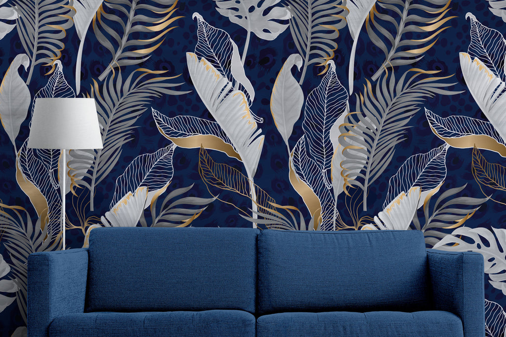 Navy Gold Tropical Wallpaper : White Leaves Line Art Mural - View 5
