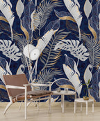 Navy Gold Tropical Wallpaper : White Leaves Line Art Mural - View 6