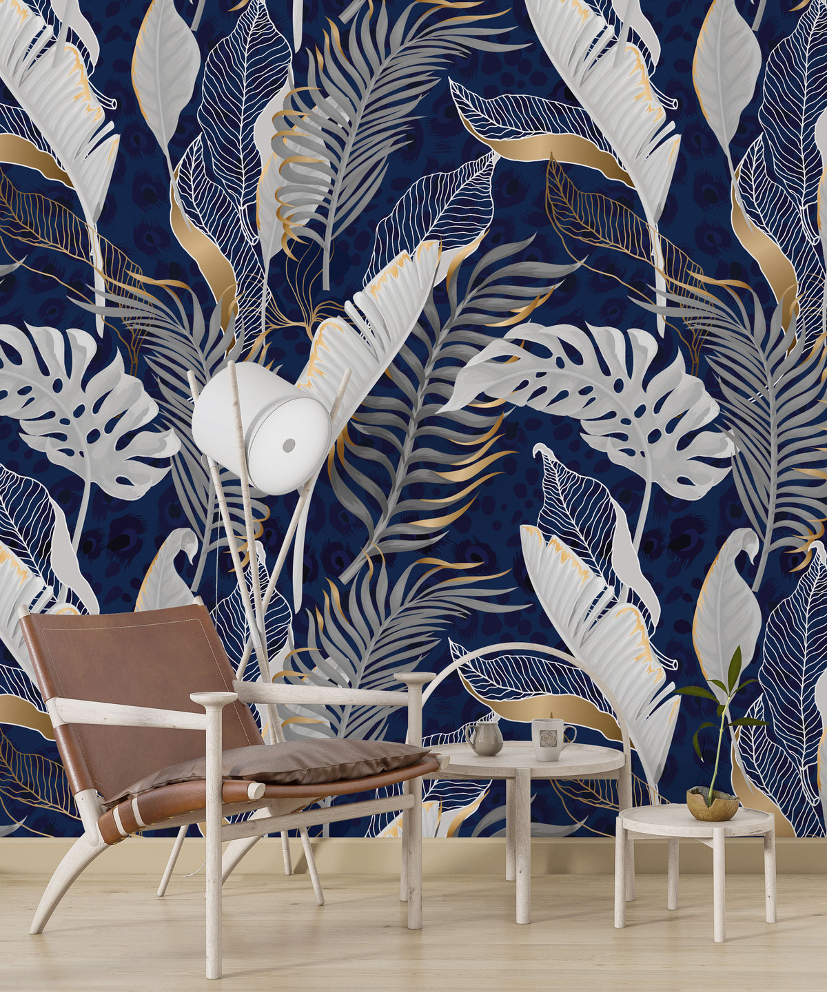 Navy Gold Tropical Wallpaper : White Leaves Line Art Mural - View 6