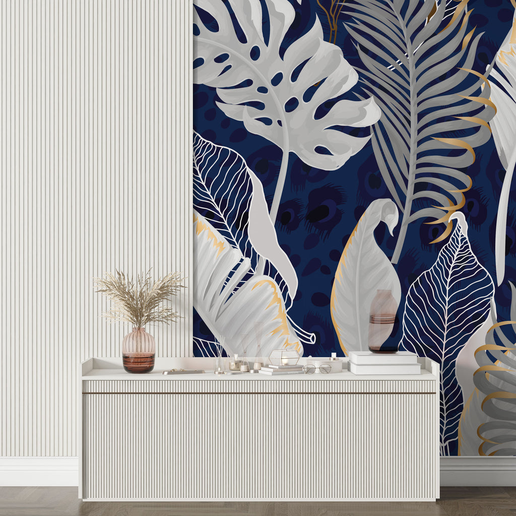 Navy Gold Tropical Wallpaper : White Leaves Line Art Mural