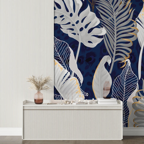 Navy Gold Tropical Wallpaper : White Leaves Line Art Mural