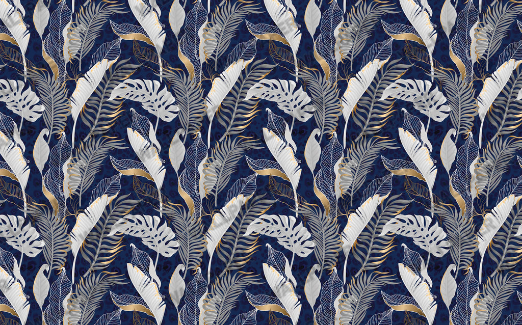 Navy Gold Tropical Wallpaper : White Leaves Line Art Mural - View 2