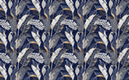 Navy Gold Tropical Wallpaper : White Leaves Line Art Mural - View 2