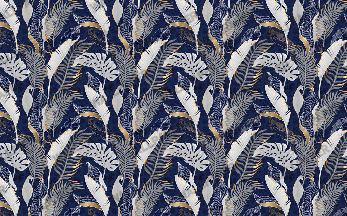 Navy Gold Tropical Wallpaper : White Leaves Line Art Mural - View 2