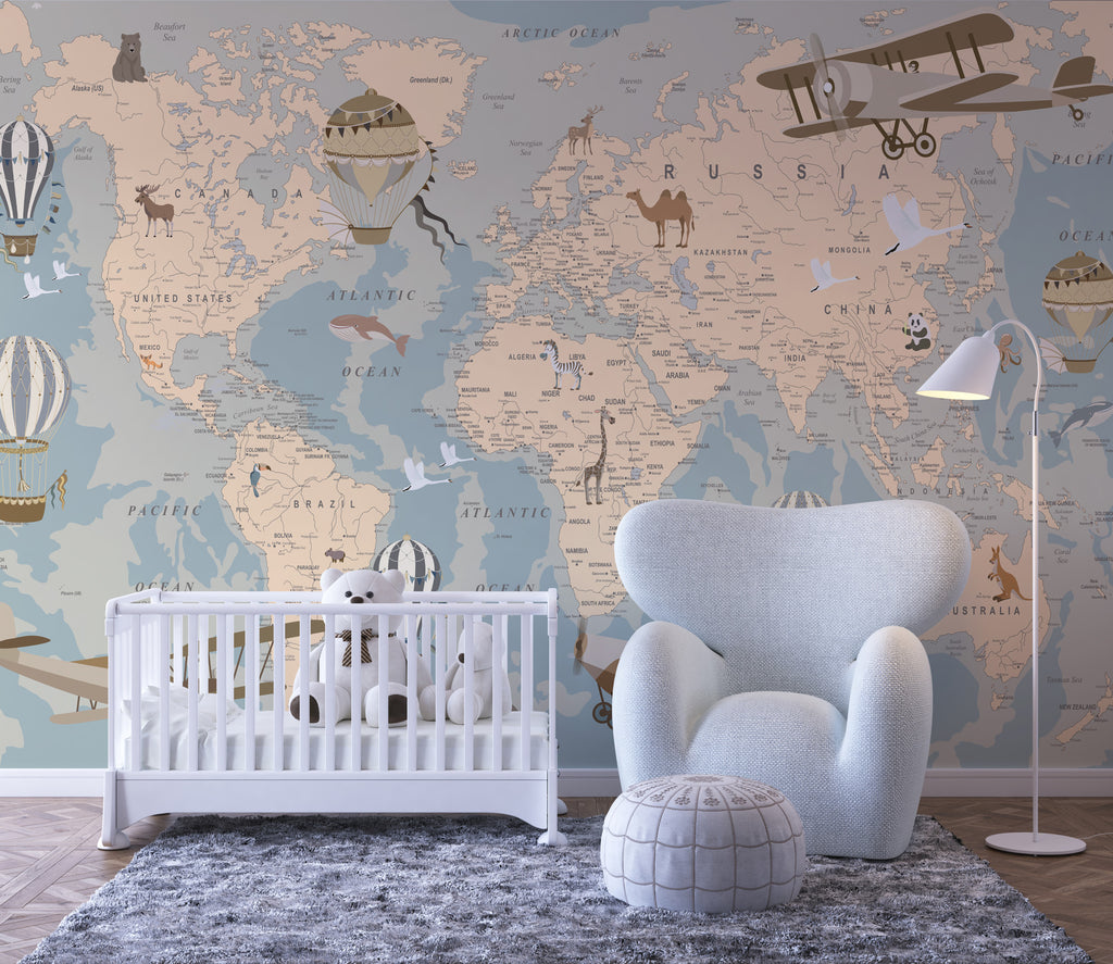 Vintage Travel World Map Wallpaper : Blue And Beige Atlas Mural - View 3