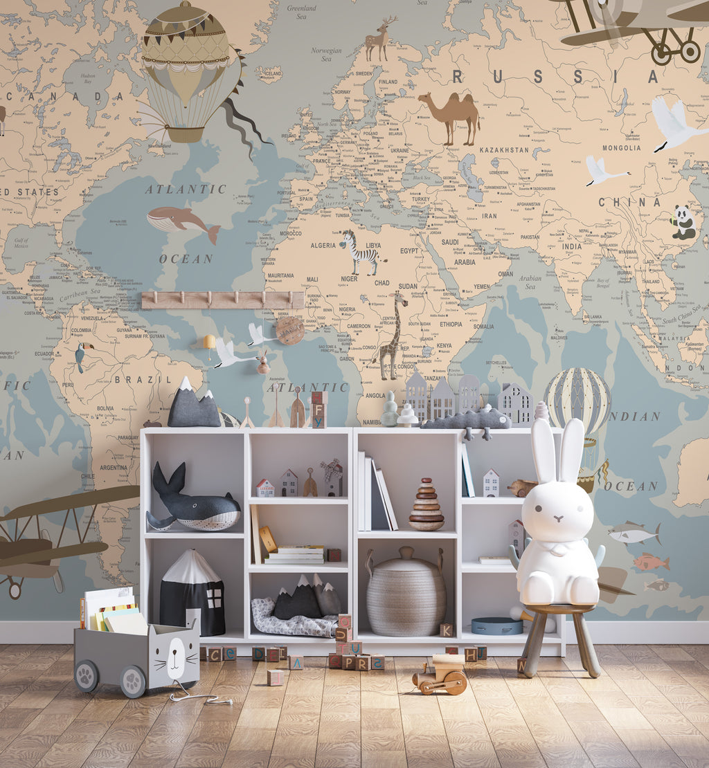 Vintage Travel World Map Wallpaper : Blue And Beige Atlas Mural - View 2
