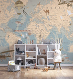 Vintage Travel World Map Wallpaper : Blue And Beige Atlas Mural - View 2