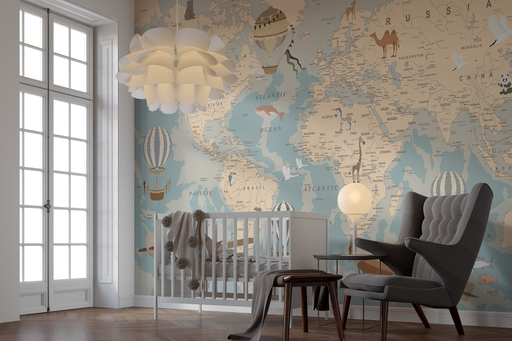 Vintage Travel World Map Wallpaper : Blue And Beige Atlas Mural