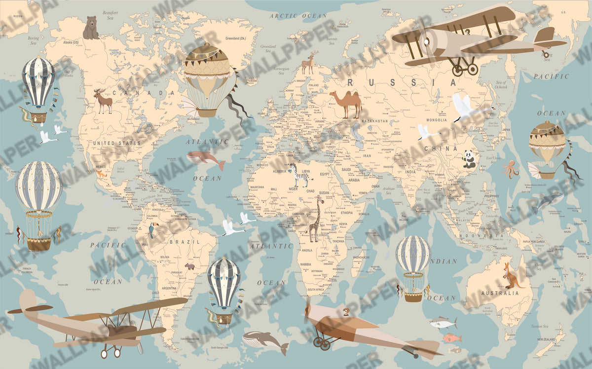 Vintage Travel World Map Wallpaper : Blue And Beige Atlas Mural - flat design