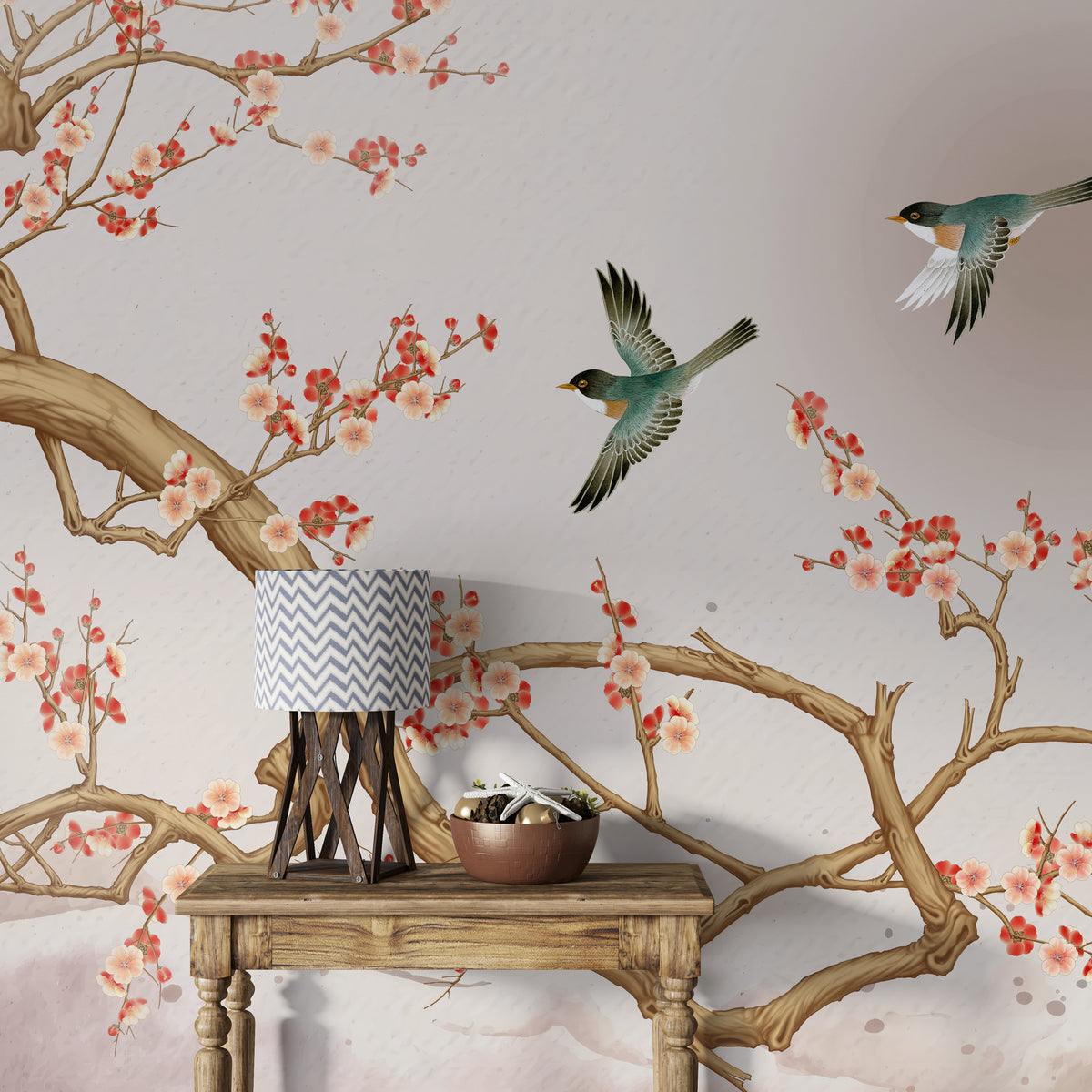 Sakura Branch Wallpaper : Japanese Cherry Blossom and Birds Mural - View 3
