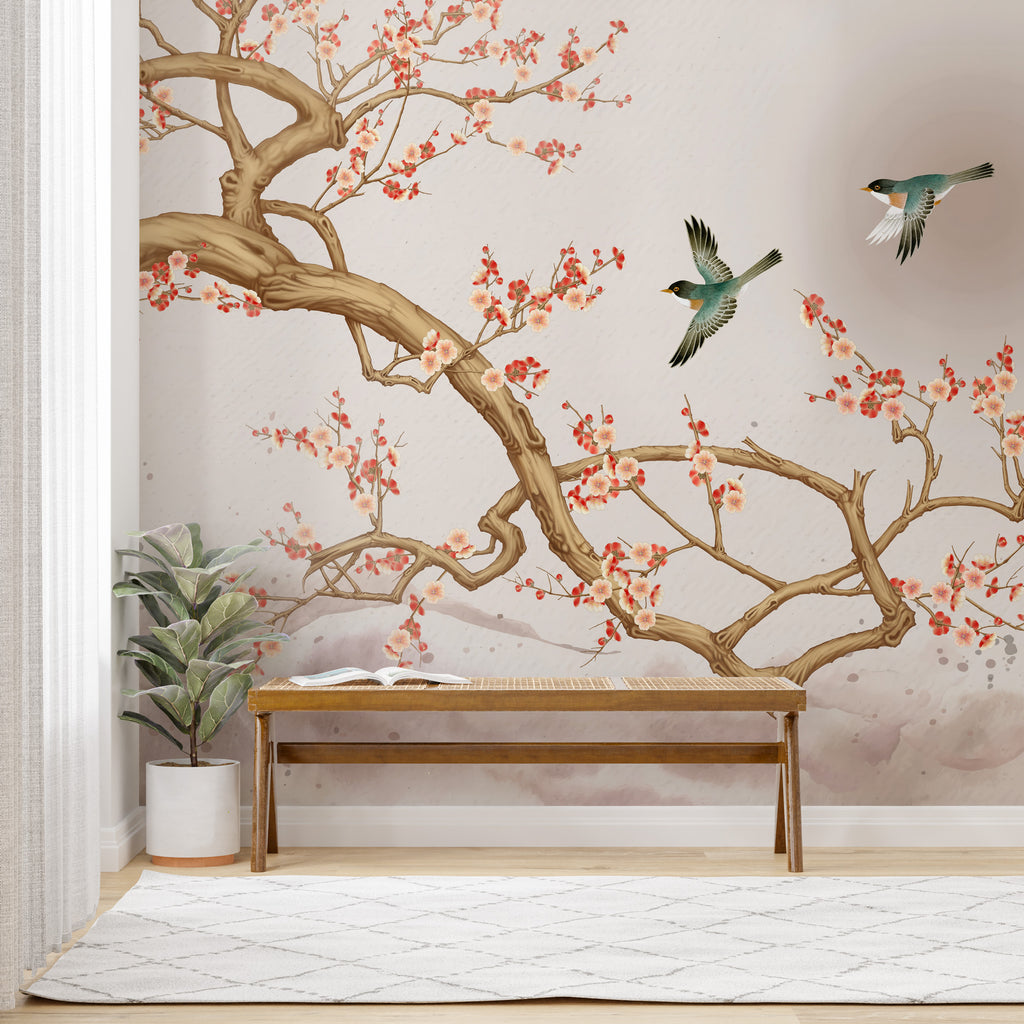 Sakura Branch Wallpaper : Japanese Cherry Blossom and Birds Mural - View 2