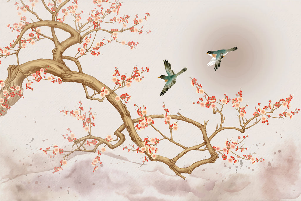 Sakura Branch Wallpaper : Japanese Cherry Blossom and Birds Mural - flat design