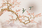 Sakura Branch Wallpaper : Japanese Cherry Blossom and Birds Mural - flat design