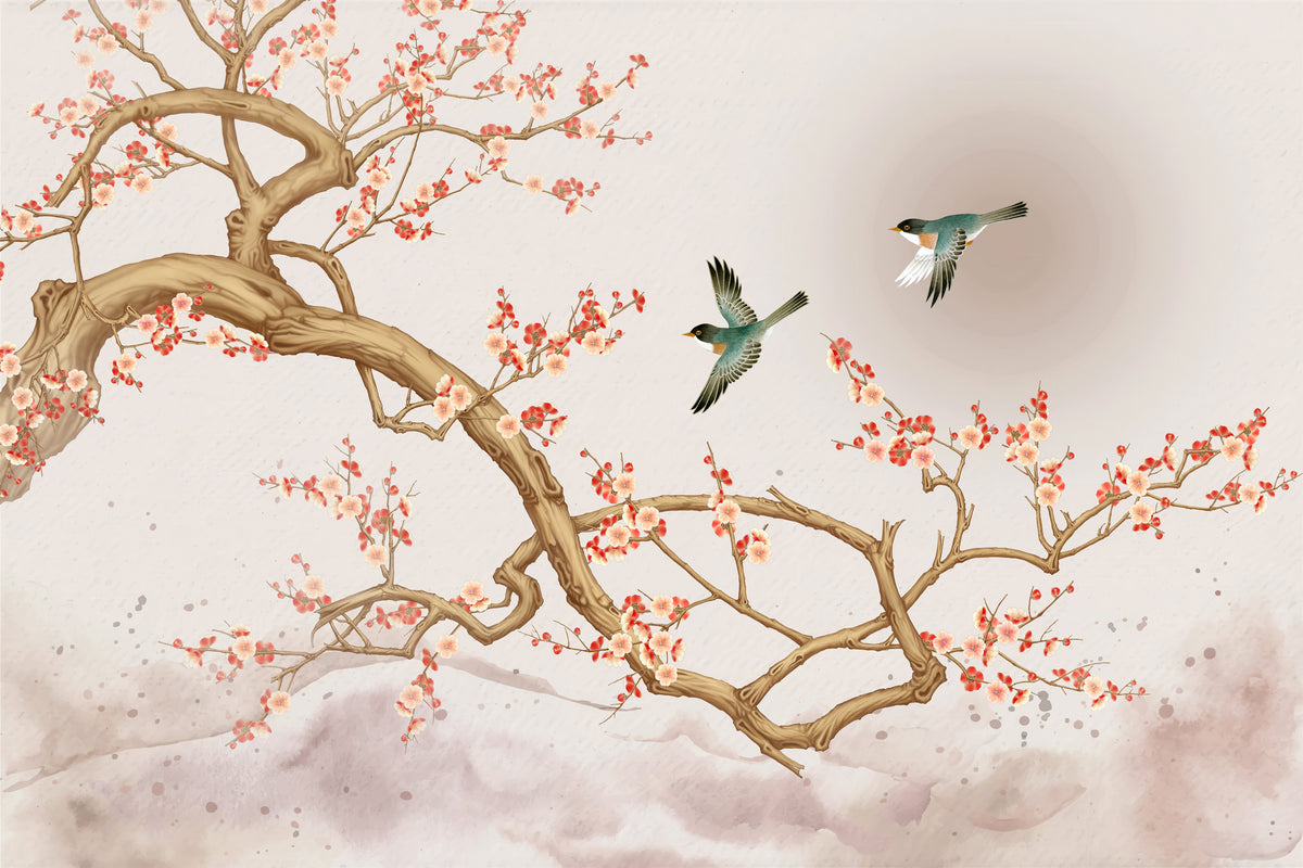 Sakura Branch Wallpaper : Japanese Cherry Blossom and Birds Mural - flat design