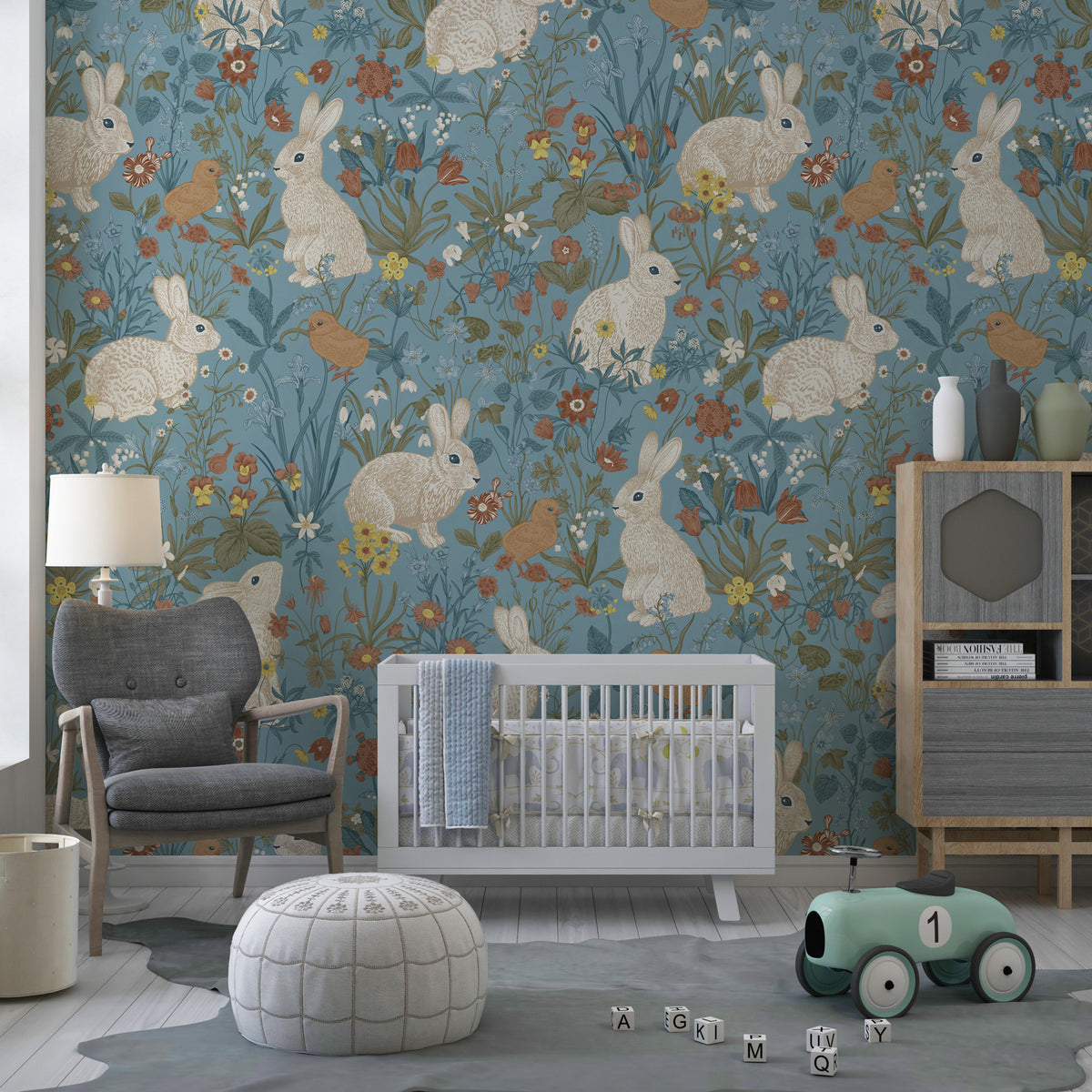 Bunny and Bird Wallpaper : Floral Blue Meadow Pattern Mural - View 4